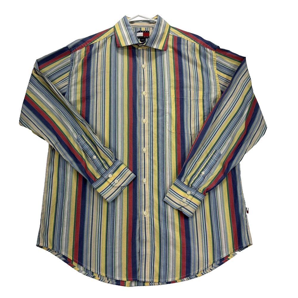 VTG Tommy Hilfiger Mens Shirt L Striped‎ Long Sleeve Button Up Y2K Color Block